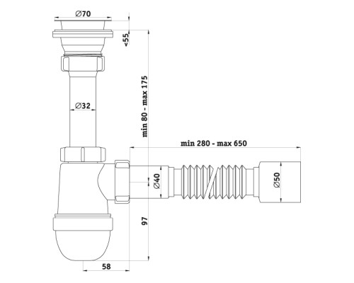 АНИ Сифон с гибкой трубой 40х50 разборная горловина 1 1/2x40 (1/35)