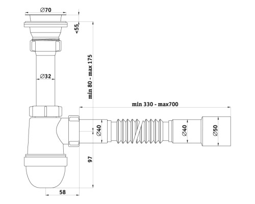 АНИ Сифон с гибкой трубой 40х40х50 разборная горловина 1 1/2x40 (1/30)