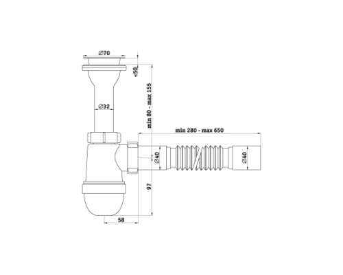 АНИ Сифон с гибкой трубой 40x40 неразборная горловина 1 1/2x40 (1/35)