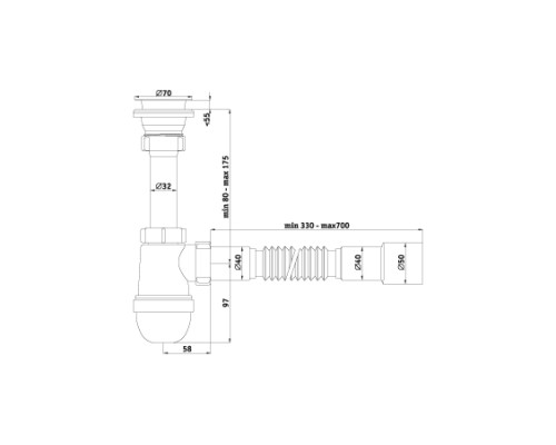 АНИ Сифон с гибкой трубой 40х40х50 неразборная горловина 1 1/2x40 (1/30)